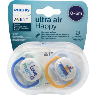 Пустушка (соска) силіконова Philips АВЕНТ (AVENT) Air I love артикул SCF080/01 ортодонтична (0-6 місяців) для хлопчиків, 2 шт