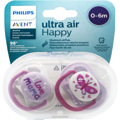 Пустушка (соска) силіконова Philips АВЕНТ (AVENT) Air I love артикул SCF080/02 ортодонтична (0-6 місяців) для дівчаток, 2 шт