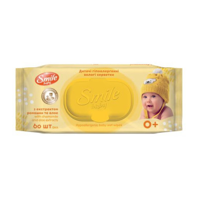 Дитячі вологі ультрам'які серветки SMILE BABY ФІТОЛІНІЯ з перших днів життя з екстрактами ромашки, алоє та вітамінним комплексом №60