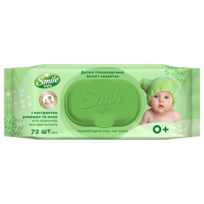 Дитячі вологі ультрам'які серветки SMILE BABY ФІТОЛІНІЯ з перших днів життя  з екстрактами ромашки та алоє №72