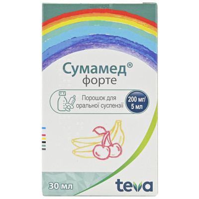 СУМАМЕД ФОРТЕ порошок оральної суспензії зі смаком вишні та банану 200 мг/5 мл (1200 мг) флакон 30 мл
