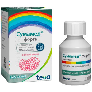 СУМАМЕД ФОРТЕ порошок для оральної суспензії зі смаком малини 200 мг/5 мл флакон 37,5 мл (1500 мг) 