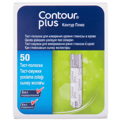 Тест-смужки до глюкометра Contour plus  для вимірювання глюкози в крові №50
