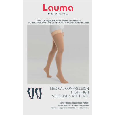 Панчохи компресійні Lauma Medical AG 306 без миска (відкритий носок) з мереживом та бавовною 2 клас компресії колір натуральний розмір 2К