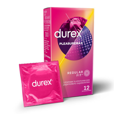 Презервативи латексні з силіконовою змазкою Durex® Pleasuremax (з ребрами та крапками) упаковка 12 шт