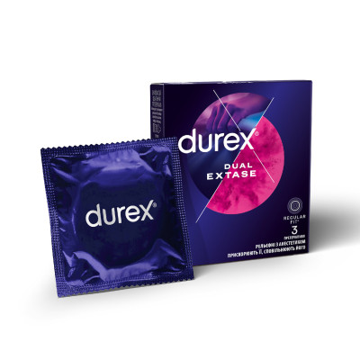 Презервативи латексні з силіконовою змазкою Durex® Dual Extanse (рельєфні з анестетиком) упаковка 3 шт