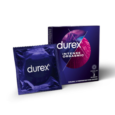 Презервативи латексні з силіконовою змазкою Durex® Intense Orgasmic (рельєфні, зі стимулюючим гелем-змазкою) упаковка 3 шт