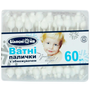 Ватні палички дитячі БІЛОСНІЖКА косметичні з обмежувачем контейнер 60 шт
