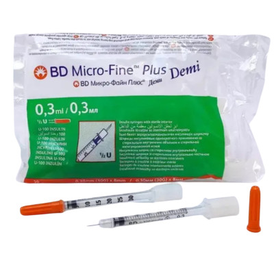 Шприц інсуліновий U-100 BD Micro-Fine Plus DEMI 0,3 мл з двома голками 30G (0,30 x 8.0 мм) 10 шт
