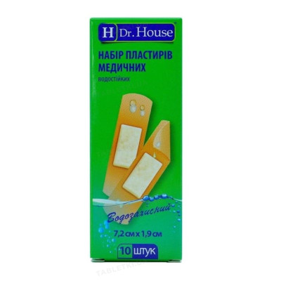 Набір пластирів медичних водостійких Dr.House (Доктор Хаус) 1,9х7,2см бактерицидних на полімерній основі, 10 шт