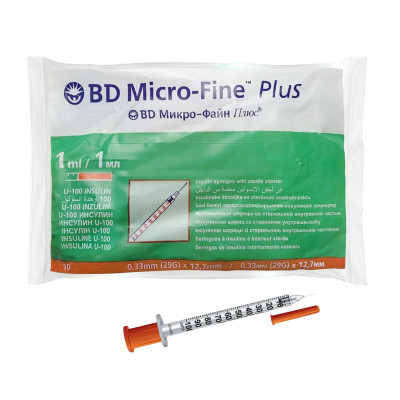 Шприц інсуліновий U-100 BD Micro-Fine Plus DEMI 1 мл з двома голками 29G (0.33 x 12.7 мм) 10 шт