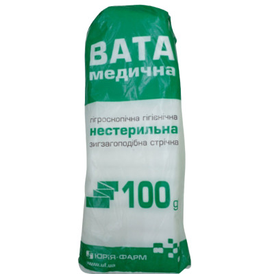 Вата медична ЮРІЯ-ФАРМ нестерильна гігроскопічна гігієнічна ЗигЗаг 100 г