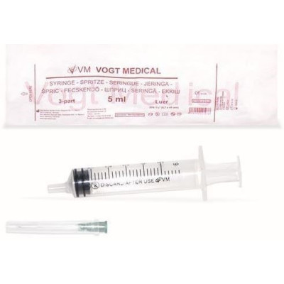 Шприц ін`єкційний Vogt Medical  5 мл Луєр (Luer) 3-компонентний з однією голкою 22G (0,7 х 40 мм) 1 шт