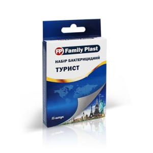 Пластир бактерицидний FP Family Plast Турист тканин 25х72мм-5шт;неткан 25х72мм-5шт;полім 25х72мм-5шт), 15 шт