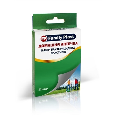 Пластир бактерицидний FP Family Plast Домашня аптечка ткан 25х72мм-5шт;полім 25х72мм-5шт;н/ткан 25х72мм-5шт;19x19mm-5шт, 20 шт