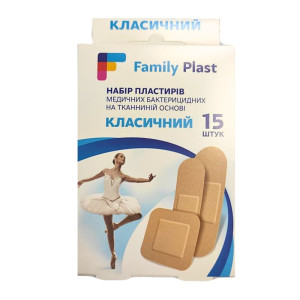 Пластир класичний бактерицидний FP Family Plast  тканин 25х72мм-5шт;38х38мм–5шт;19х72мм–5 шт, 15 шт