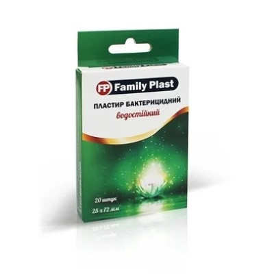 Пластир бактерицидний  водостійкий FP Family Plast 25х72мм на полімерній основі, 20 шт