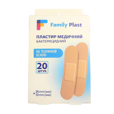Пластир бактерицидний FP Family Plast 25х72мм на тканинній основі, 20 шт