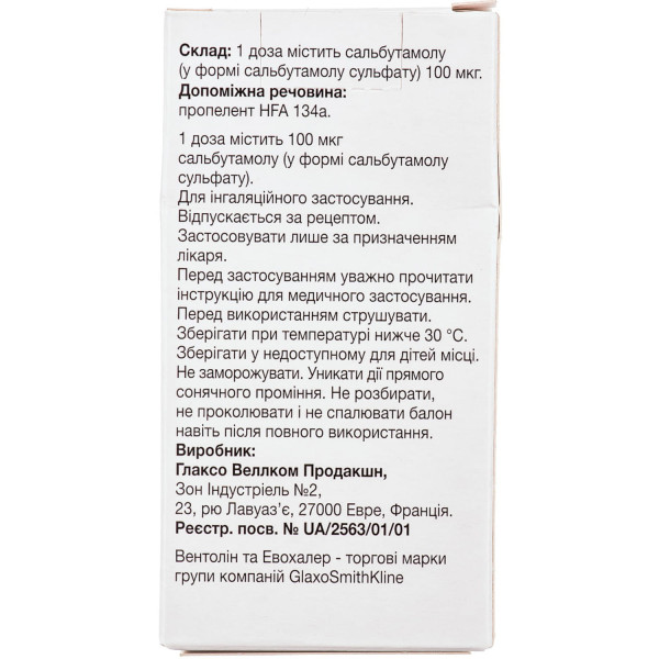 ВЕНТОЛІН ЕВОХАЛЕР аерозоль для інгаляцій дозований 100 мкг/дозу балон 200 доз