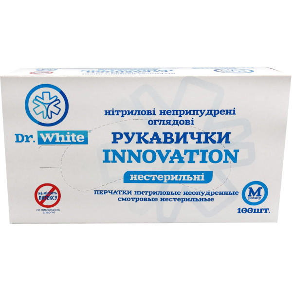 Рукавички оглядові нестерильні Dr.WHITE Innovation нітрилові неприпудрені блакитні розмір M, 1 пара
