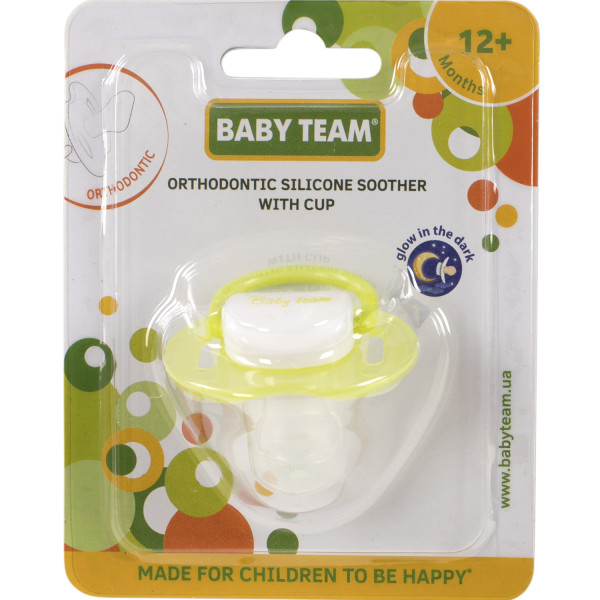 Пустушка (соска) силіконова BABY TEAM (Бебі Тім) Animals артикул 3008 ортодонтична з ковпачком та кільцем, що світиться вночі (від 12 місяців), 1 шт