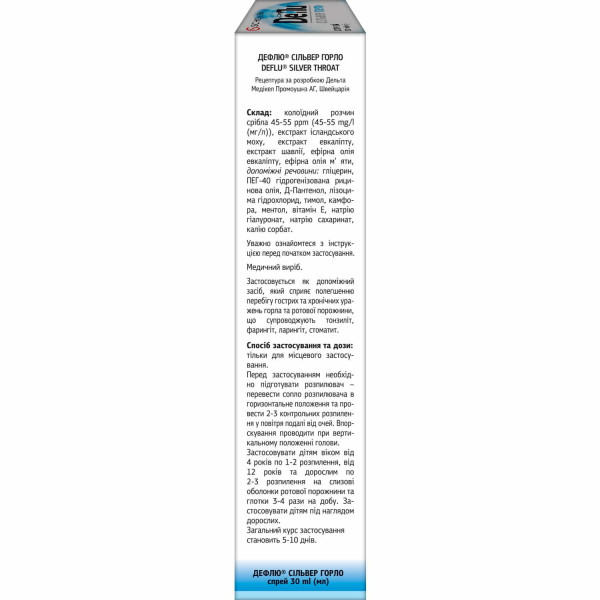 ДЕФЛЮ (DEFLU) СІЛЬВЕР ГОРЛО спрей для горла флакон з розпилювачем 30 мл