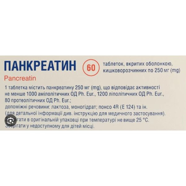ПАНКРЕАТИН таблетки вкриті оболонкою кишковорозчинні 250 мг №60 (10х6)
